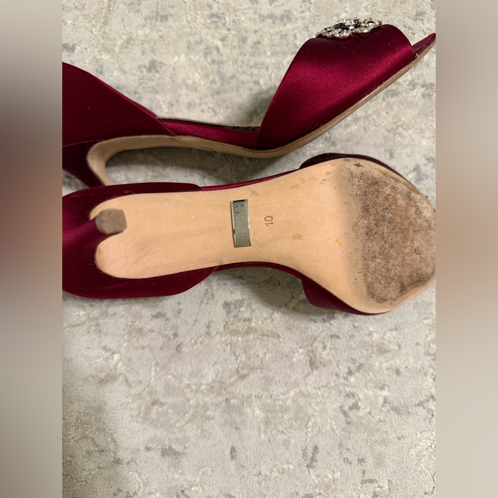Badgley Mischka Burgundy Satin Peep-Toe Heels with Crystal embellishment - Picture 5 of 13